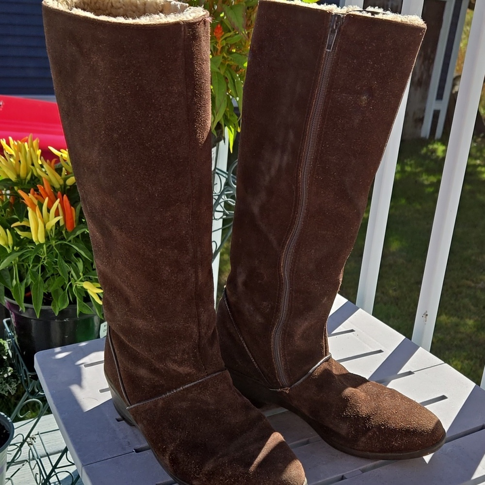 L.L. Bean Vintage 90s Brown Suede Zip Boots Shearling Lining Size 8